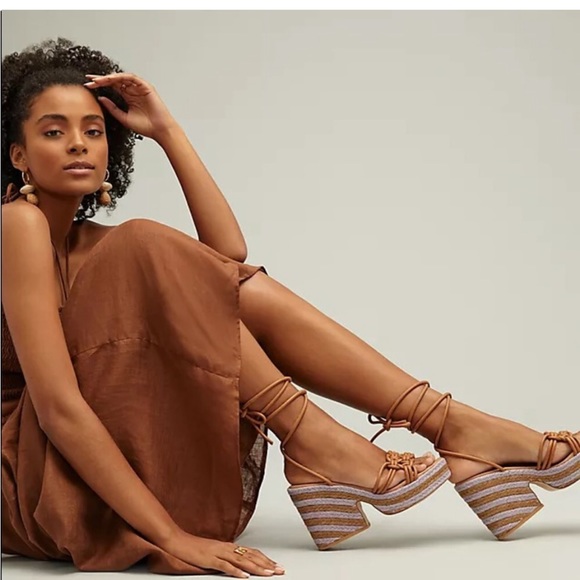 Anthropologie raffia  leather wrap platform heels in purple size 39 EU 8 US New - Picture 3 of 8